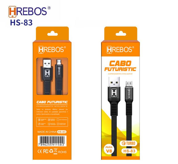 [ATACADO-DISPONÍVEL] Cabo de Dados Hrebos HS-083 Turbo Flat Micro USB V8 com Pontas Reforçadas 3.1A 1m